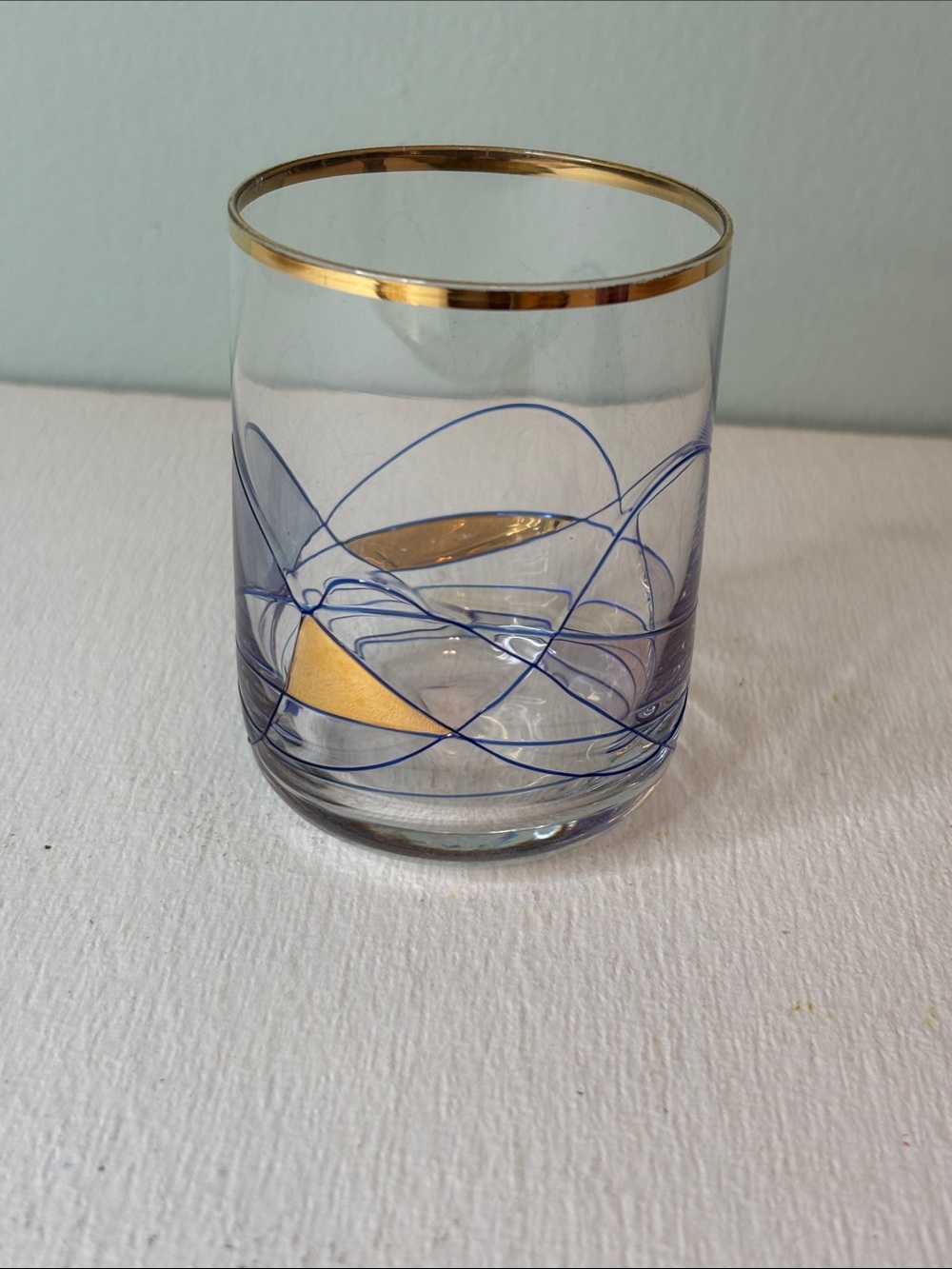 Artland Helios Lowball Glass Hand-Blown Blue Swirl Glass with Gold Rim -
